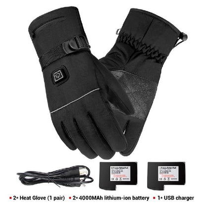 Heated gloves featuring LED indicators for high, medium, and low-temperature settings.