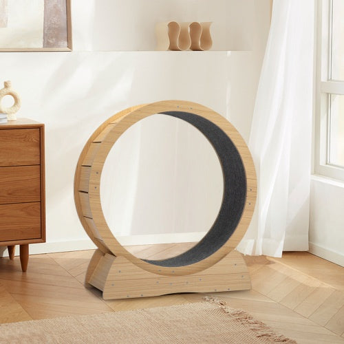 Natural wooden cat wheel in front-facing angle showing elegant design
