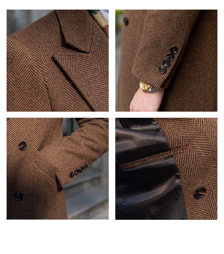 Close-up of a dark brown wool coat with a double-breasted closure, highlighting the luxurious fabric blend and tailored fit.