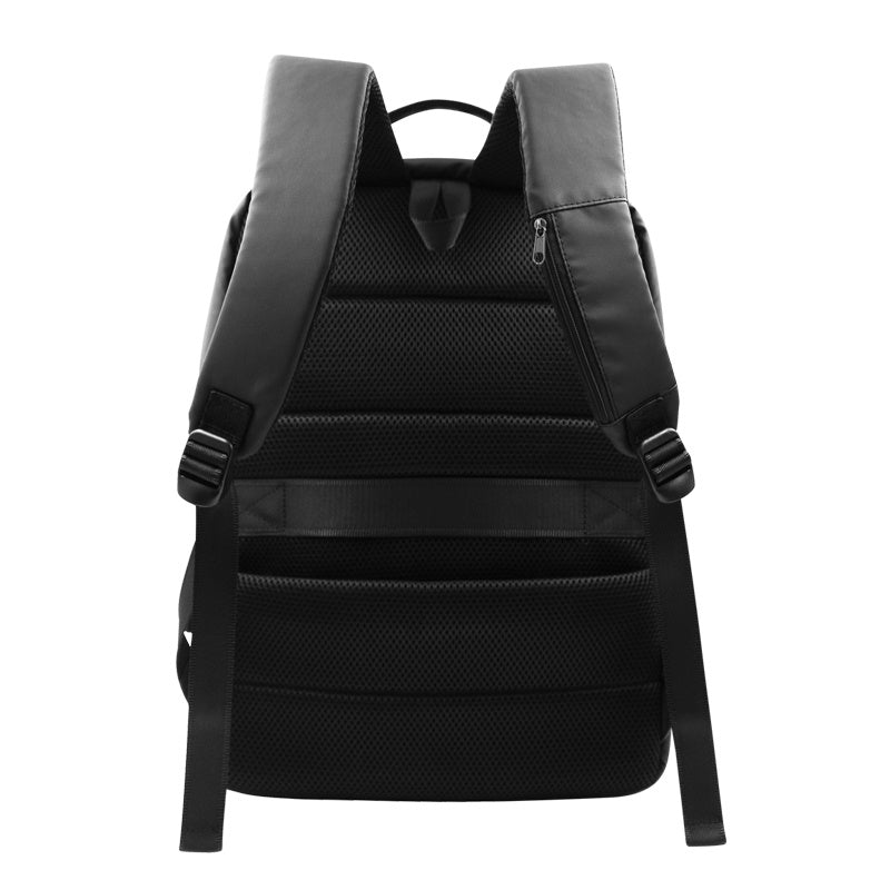 Back view of the black backpack highlighting the comfortable straps and ergonomic design.