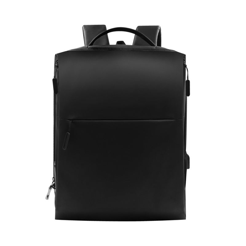 Front view of a modern black backpack with a minimalist and professional design.
