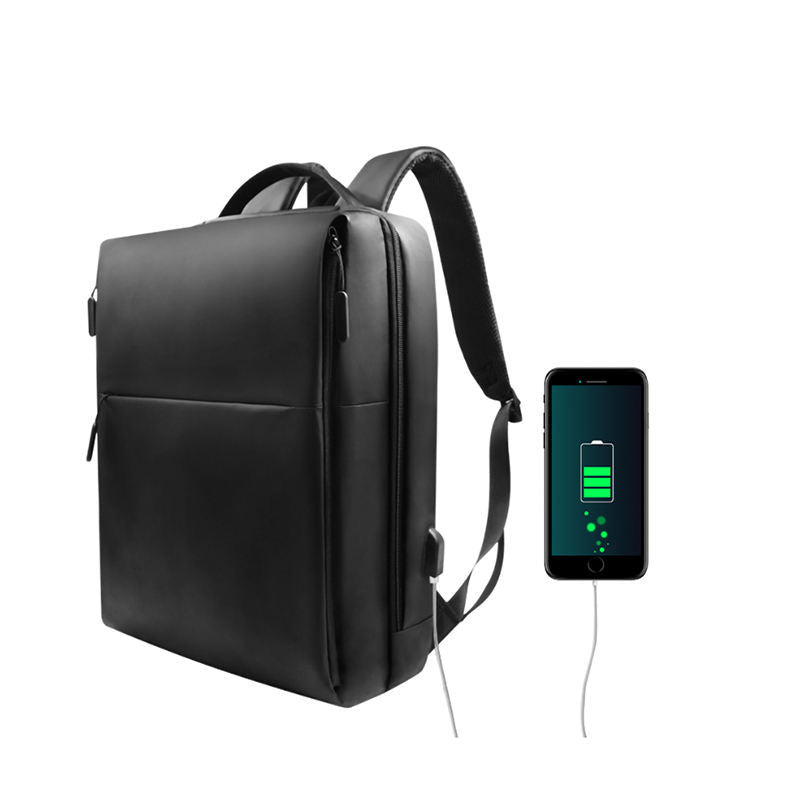 Black backpack connected to a mobile phone via a built-in USB charging port for on-the-go convenience.