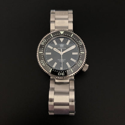 Top view of the deep diving waterproof ice hockey mechanical watch, featuring a blue and green luminous dial for excellent underwater visibility.