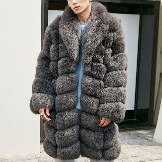 Stylish Asian man wearing a premium gray fur coat with lapel collar.