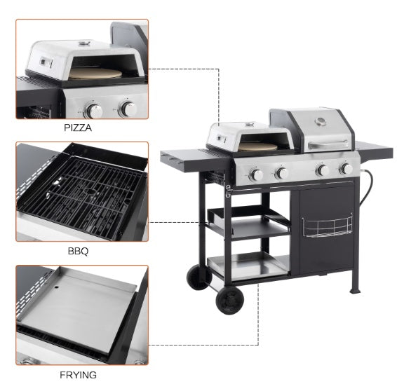 Gas grill with close-ups highlighting key features such as the control panel, side table, and robust frame.