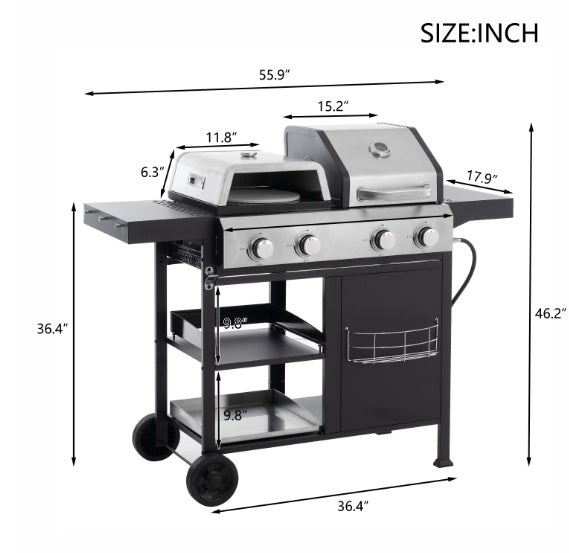 Gas grill with labeled dimensions showing its compact yet spacious design for outdoor use.