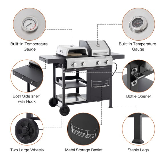 Gas grill image showing six key features, including burners, cooking zones, wheels, and storage space.