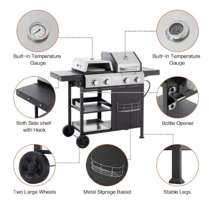 Gas grill image showing six key features, including burners, cooking zones, wheels, and storage space.