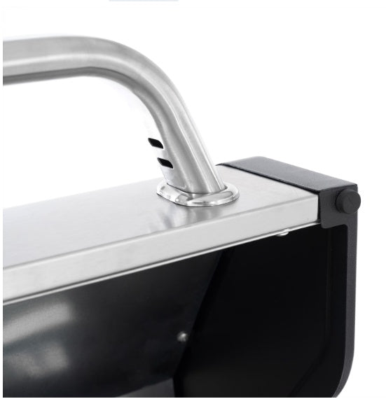 Close-up of the stainless steel handle on the grill lid, designed for durability and easy operation.