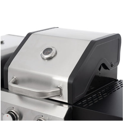 Close-up of the gas grill lid featuring a built-in temperature gauge for precise cooking.