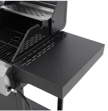 Close-up of the sturdy side table on the gas grill, perfect for prepping ingredients or holding tools.