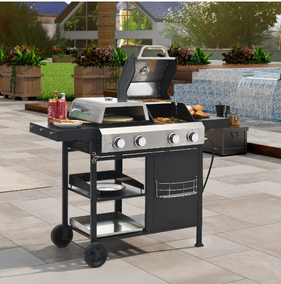 2+2 multifunctional gas grill in a tiled garden surrounded by outdoor furniture, perfect for BBQs and outdoor cooking.