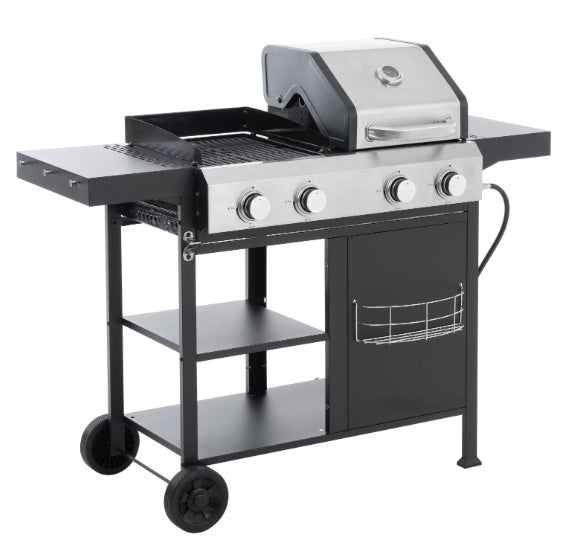 Portable gas grill with stainless steel finish, featuring 4 burners and two cooking zones, shown on a white background.