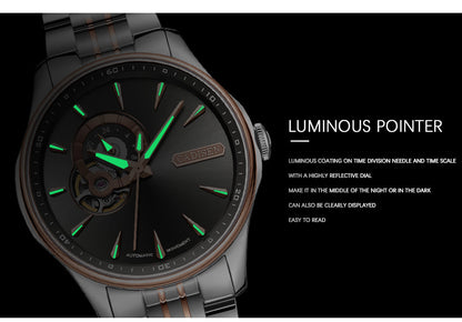 Luxury watch glowing in the dark with luminous pointer, highlighting functionality.