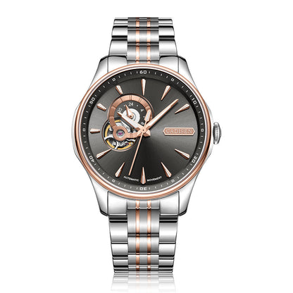 Close-up of the rose gold variant of the luxury watch with a dark dial and unique design.