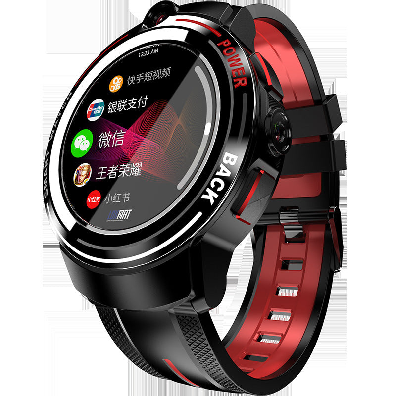 Close-up of the luxury smart watch displaying its intuitive app interface and vibrant AMOLED screen with a stylish red and black strap.