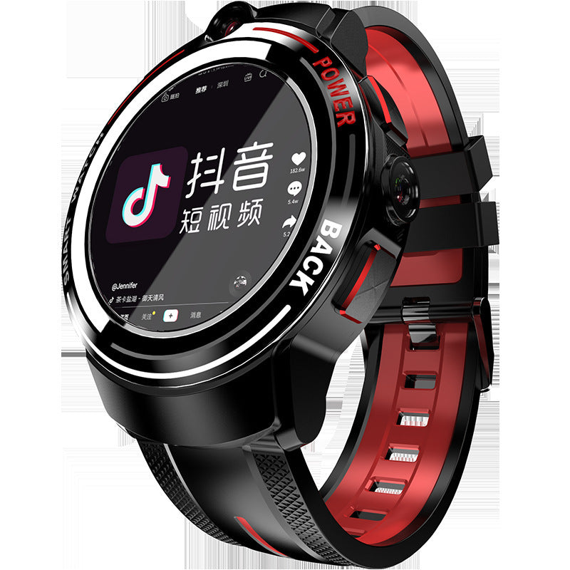 Luxury smart watch with a round AMOLED display, showing app icons and a sleek ceramic bezel design with a red-black wristband.