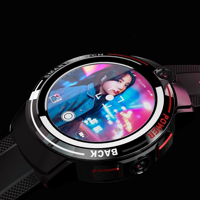 High-resolution luxury smart watch highlighting its AMOLED display, dual-camera feature, and bold red-black sports strap.