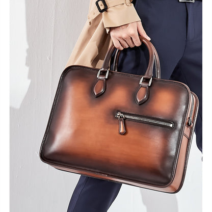 A man walking with the hand-rubbed vintage brown leather business bag, showcasing its elegant and practical design.