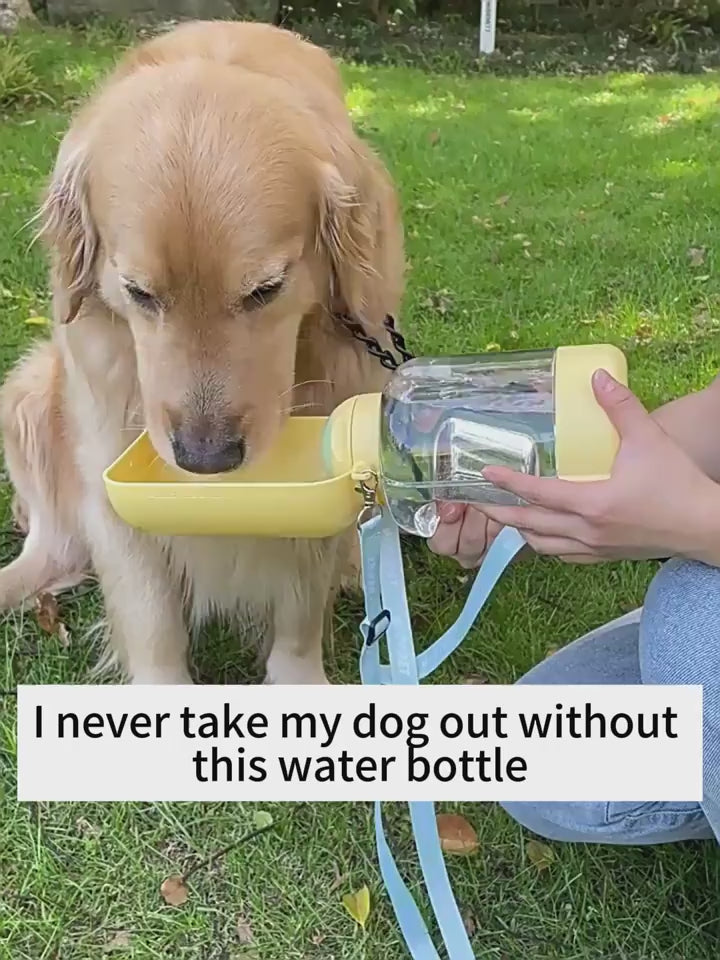 Pet water bottle with food storage, ideal for walks, trips, and picnics.