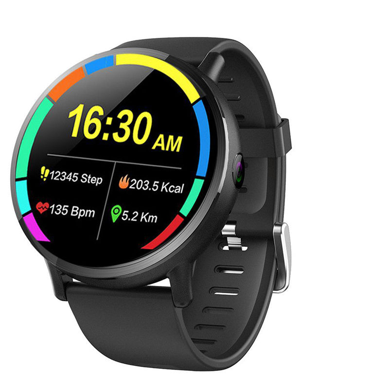 Smartwatch with a vibrant 16:30 display showing steps, calories burned, and distance.