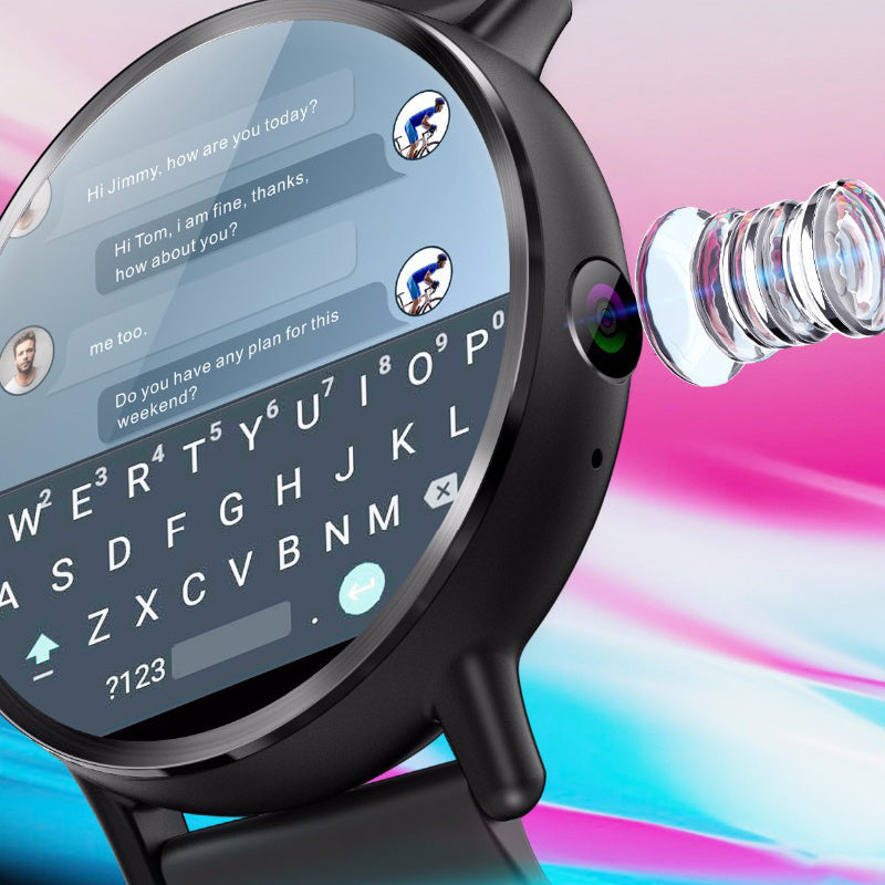 Side view of the smartwatch with a sleek black strap and a colorful display.