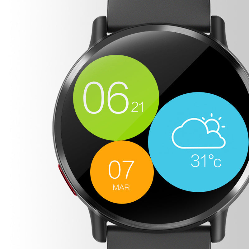 Smartwatch showcasing weather updates with a clear 06:07 display.