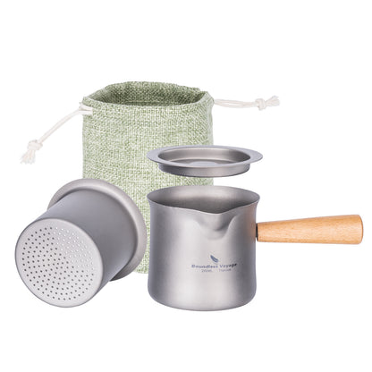 200ml titanium water pot shown with 3 matching teacups