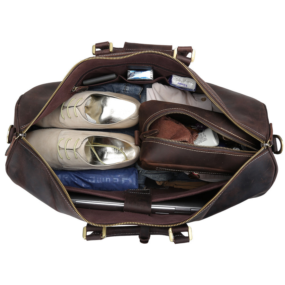 Cowhide travel bag with side and top views displaying detailed dimensions for practical use.